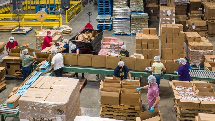 A crew in hairnets and gloves working both sides of a packing line, cases and pallets stacked around them.